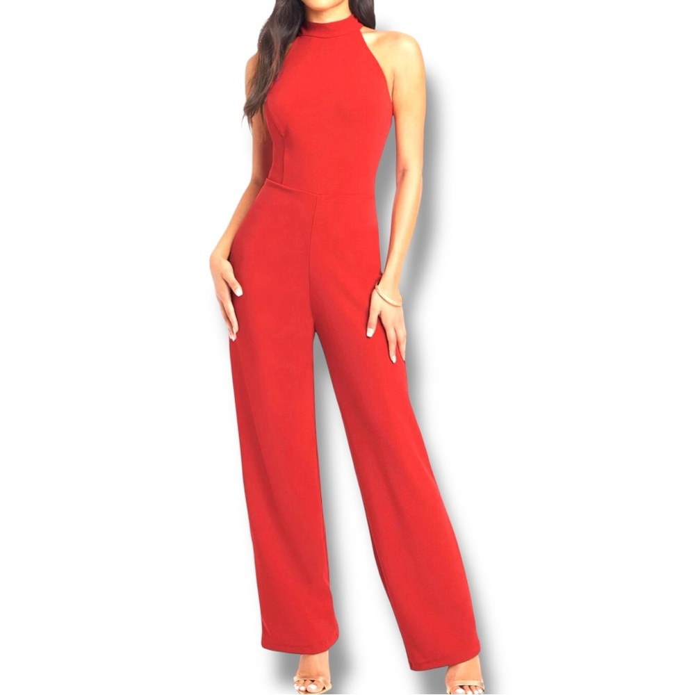 Bebe Elegant Red Halter Jumpsuit